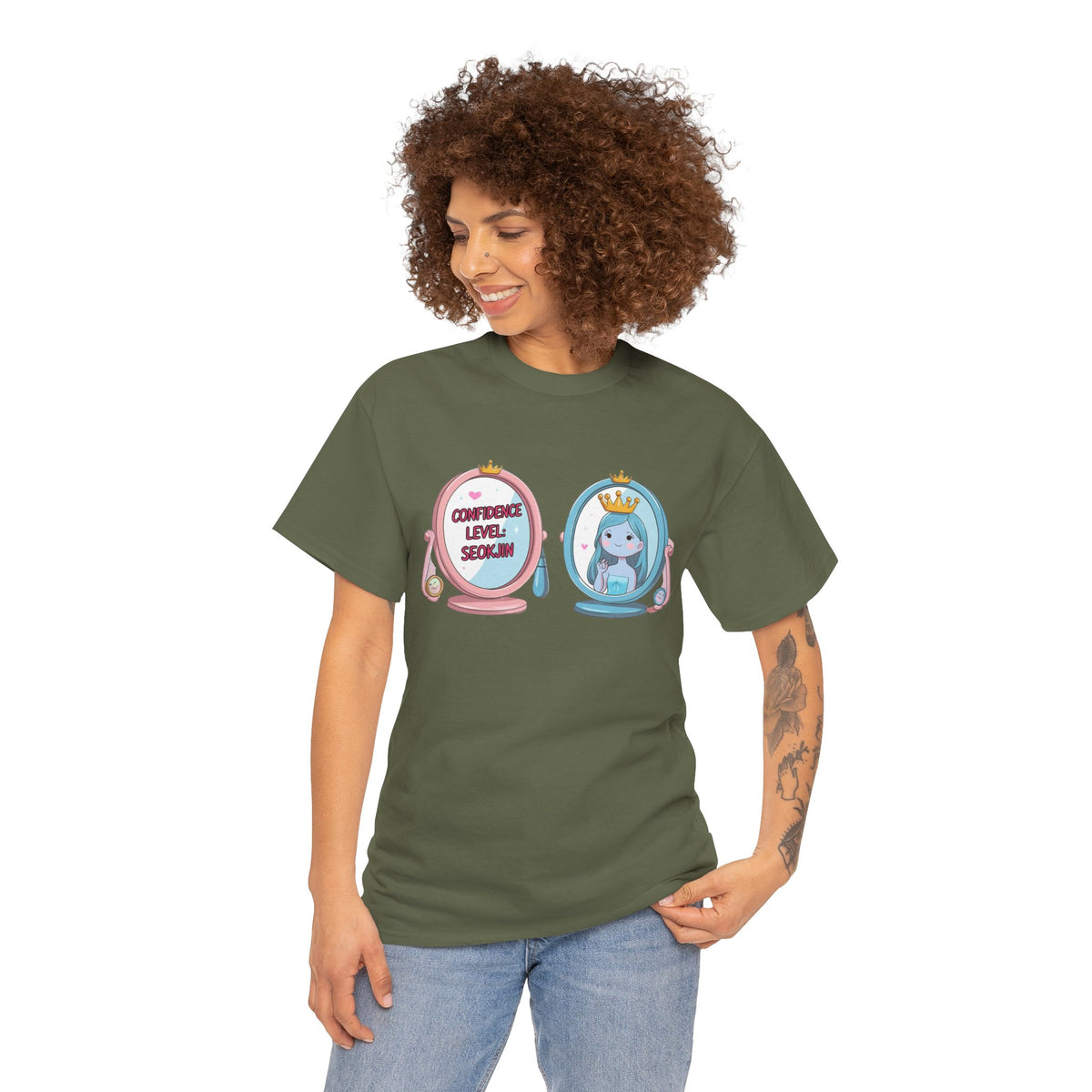 JIN Level Shirt — Cute Pink & Blue Mirrors Graphic Tee ("Comfort Level: Secure")