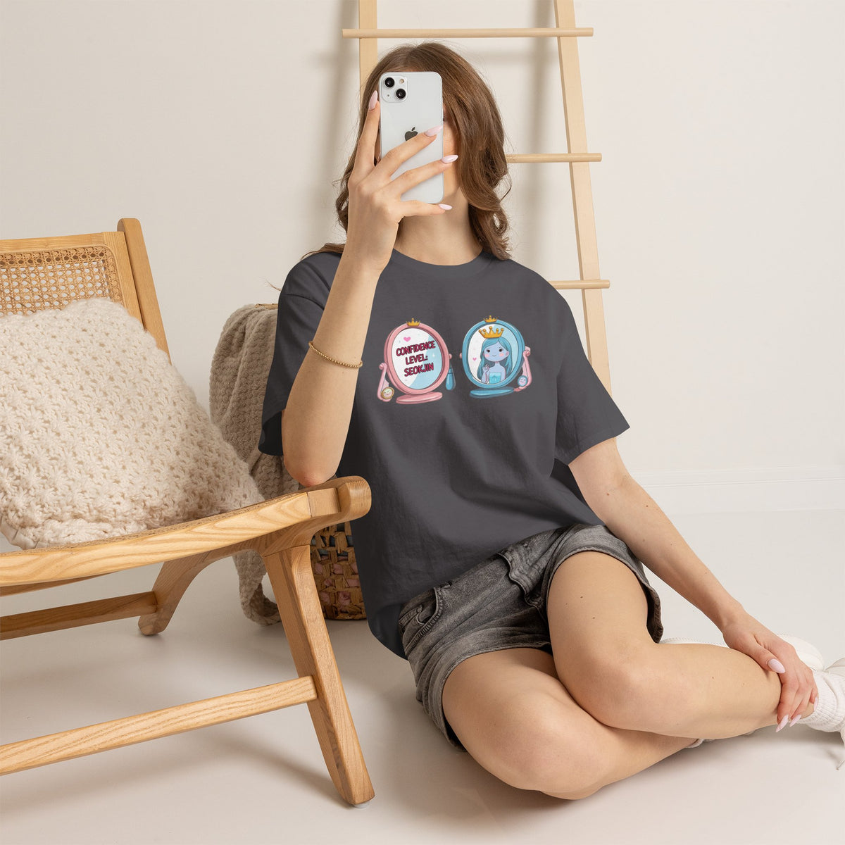 JIN Level Shirt — Cute Pink & Blue Mirrors Graphic Tee ("Comfort Level: Secure")