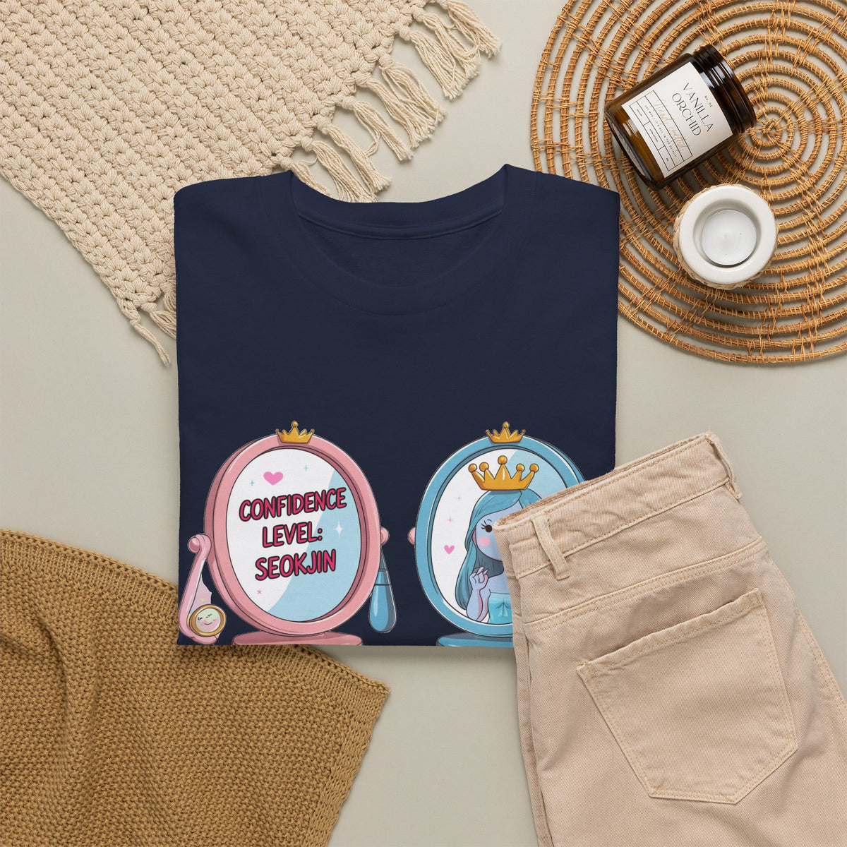JIN Level Shirt — Cute Pink & Blue Mirrors Graphic Tee ("Comfort Level: Secure")