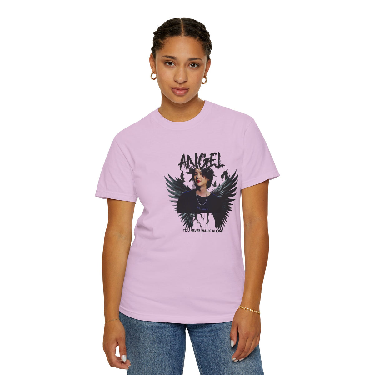 Angel Wings Graphic T-Shirt — 'Angel' Photo Tee with Dark Wing Illustration
