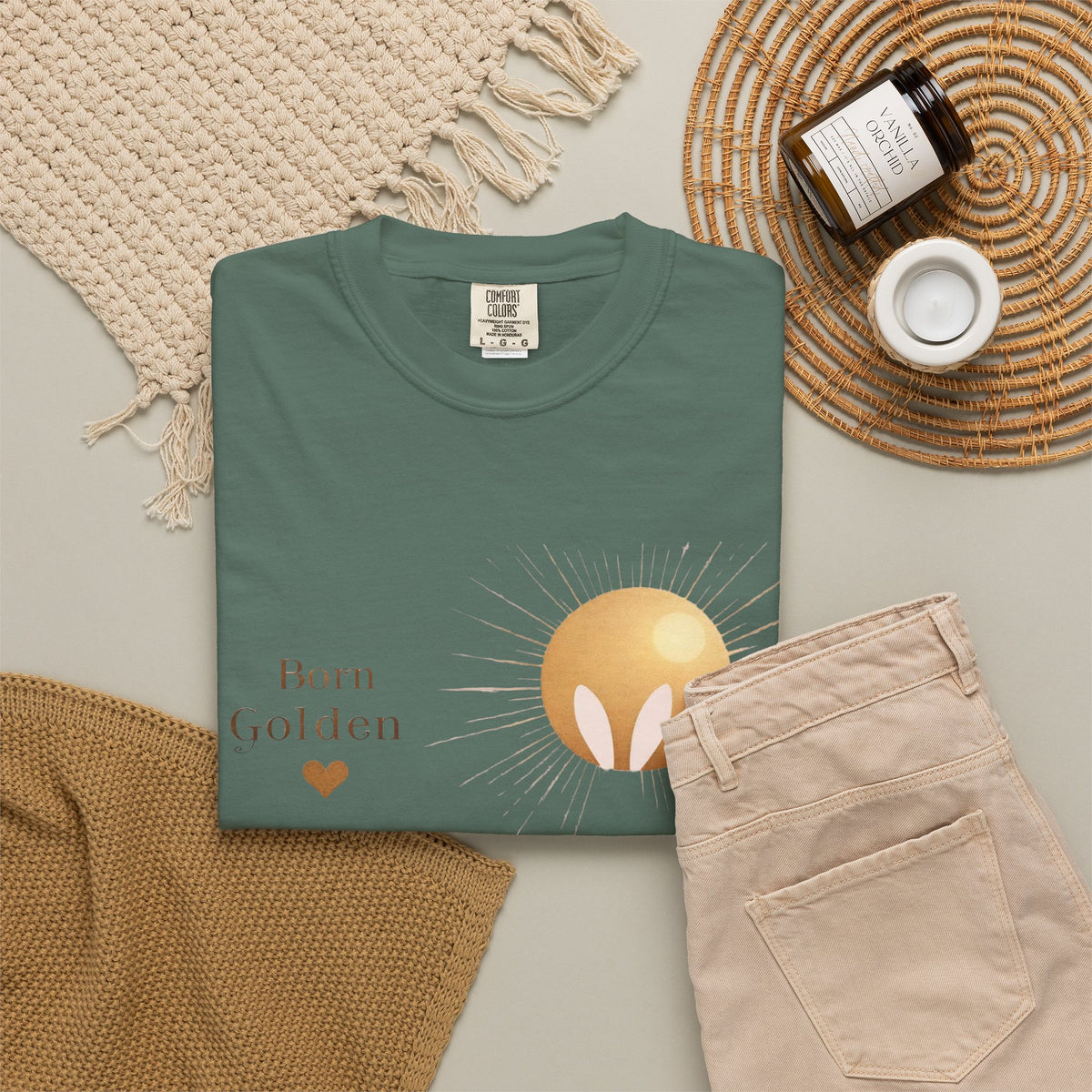 JK Born Golden Tee — Minimal Sun Badge Graphic T-Shirt