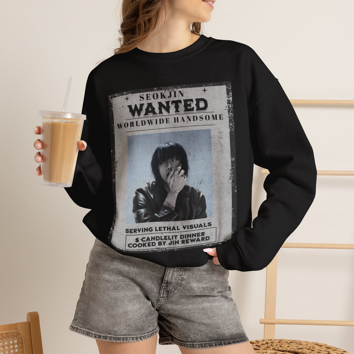 Crewneck Sweatshirt — 'Seojin Wanted: Worldwide Handsome' Vintage Poster Graphic