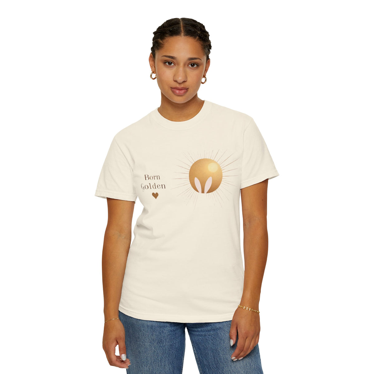JK Born Golden Tee — Minimal Sun Badge Graphic T-Shirt