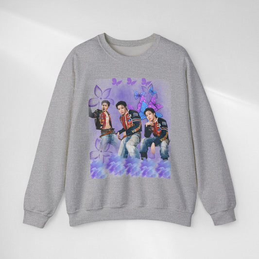 J HOPE Crewneck Sweatshirt — Retro Band Photo with Purple Floral Collage