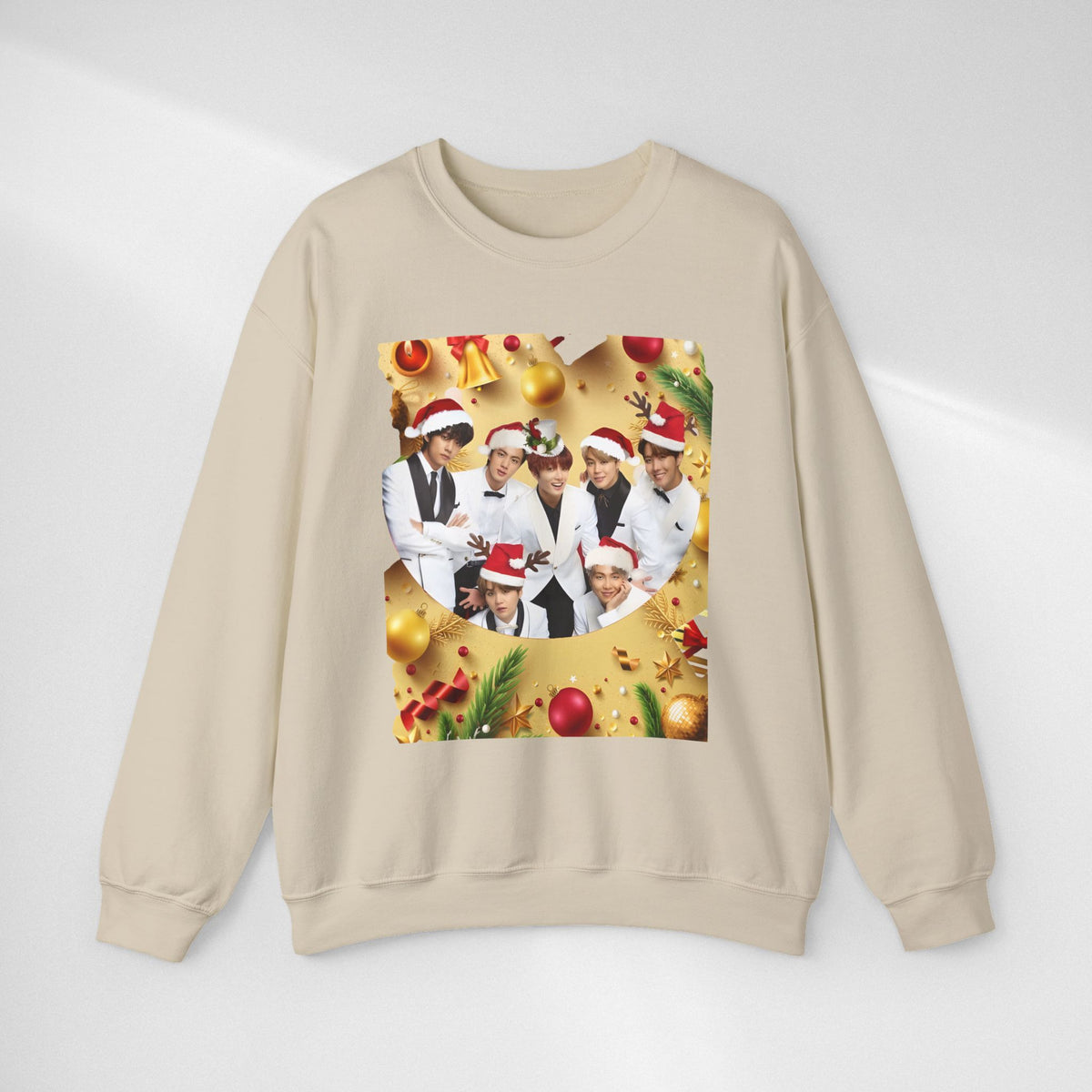 BTS Group Holiday Crewneck Sweatshirt — Festive Santa Hats Photo Design