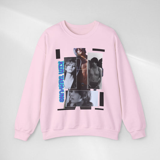 Collage Graphic Sweatshirt — Retro Photo Montage with Blue 'KIM TAEHYUNG' Text
