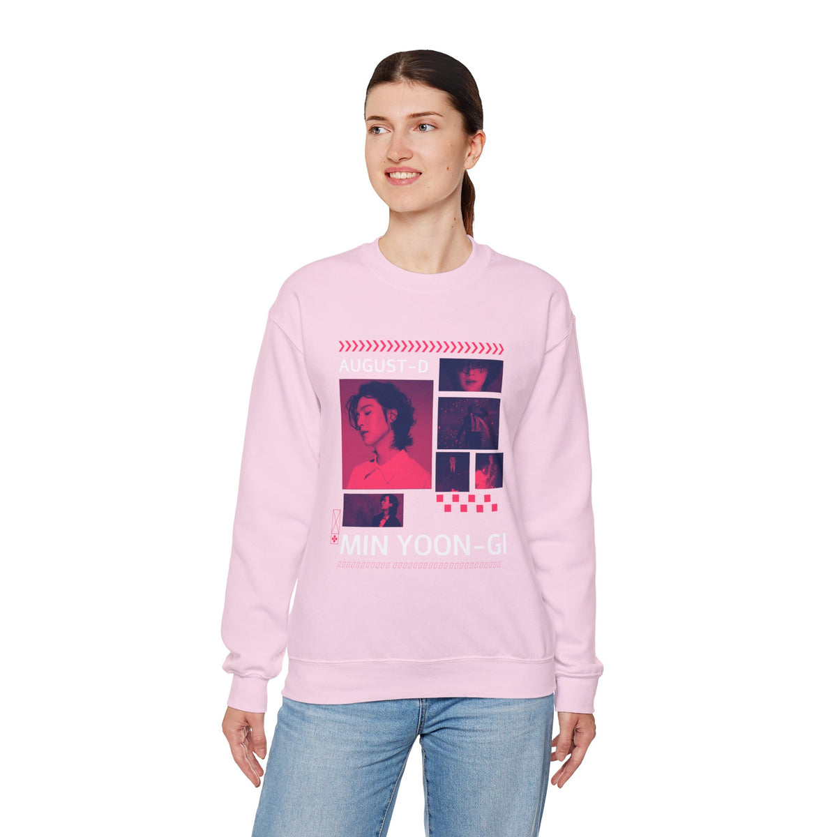 Suga Retro Photo Collage Sweatshirt — Pink Neon Portrait Crewneck