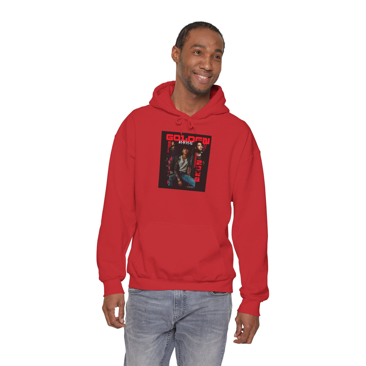 JK Hoodie - 'GOLDEN MAKNAE' Portrait Graphic Hoodie (Red Noir Band Art)