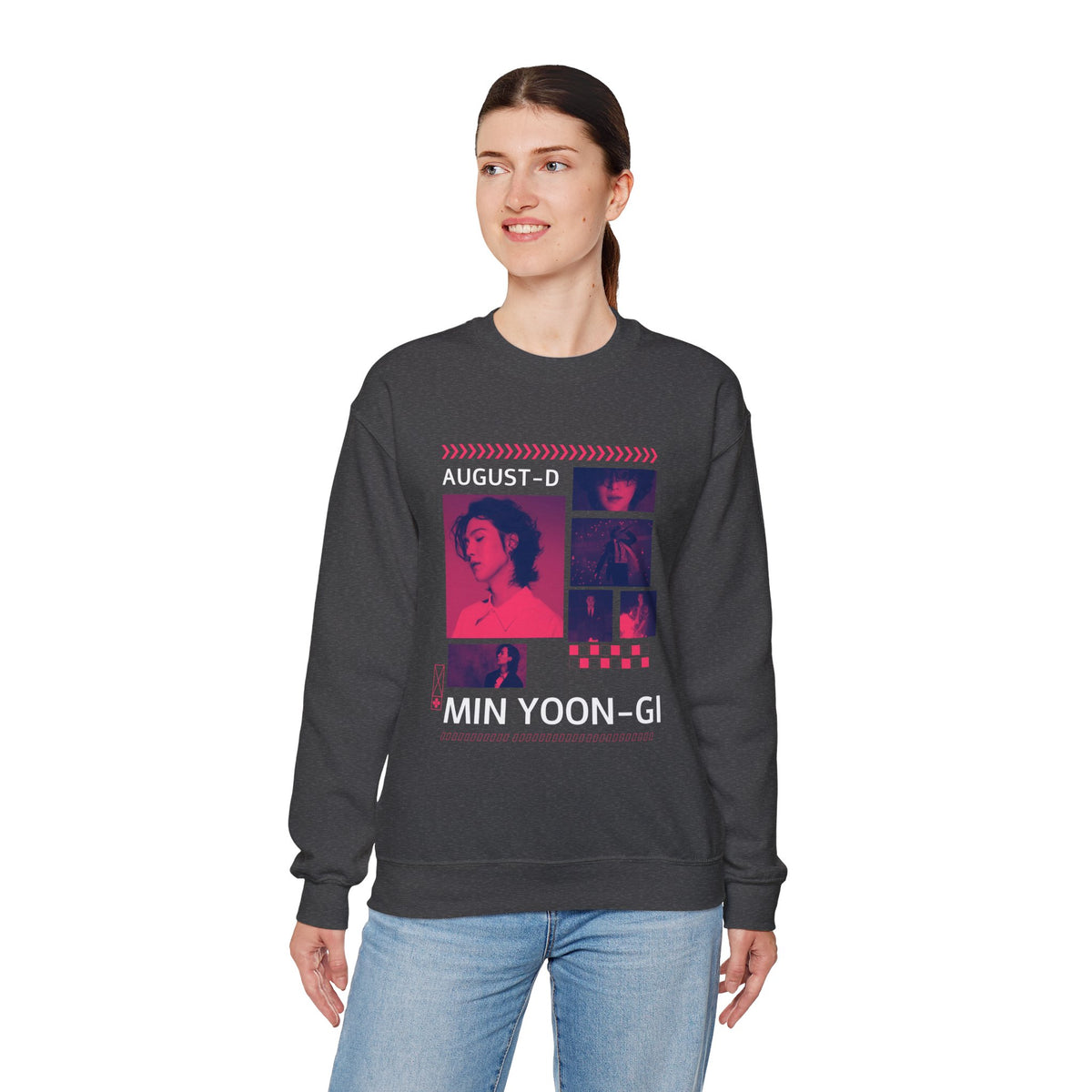 Suga Retro Photo Collage Sweatshirt — Pink Neon Portrait Crewneck