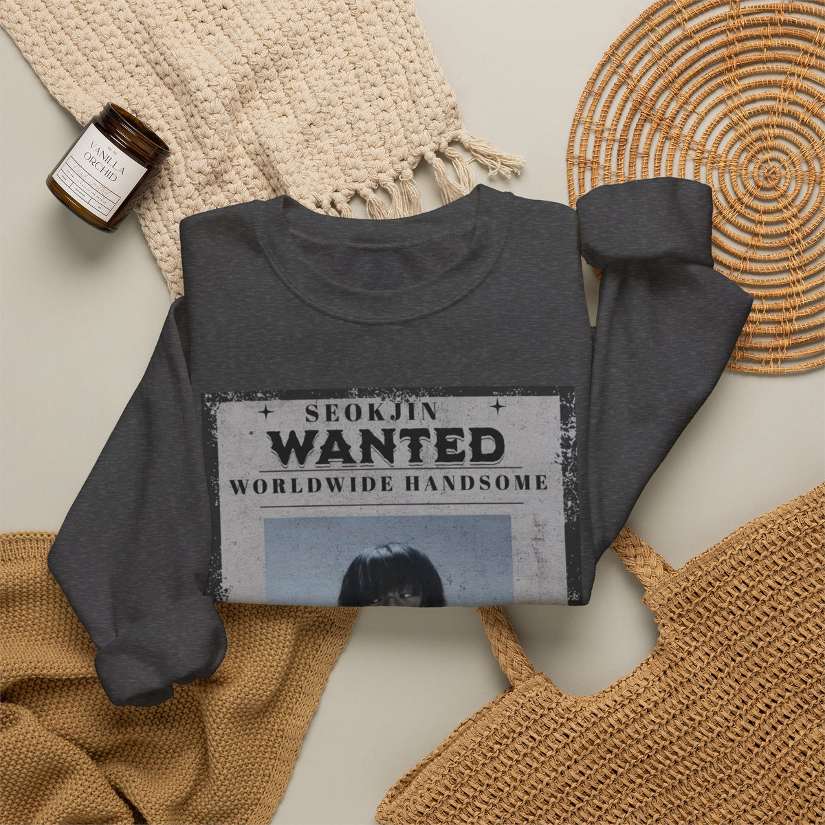 Crewneck Sweatshirt — 'Seojin Wanted: Worldwide Handsome' Vintage Poster Graphic