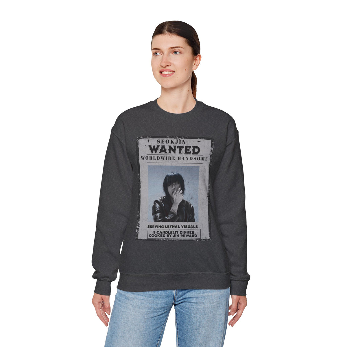 Crewneck Sweatshirt — 'Seojin Wanted: Worldwide Handsome' Vintage Poster Graphic