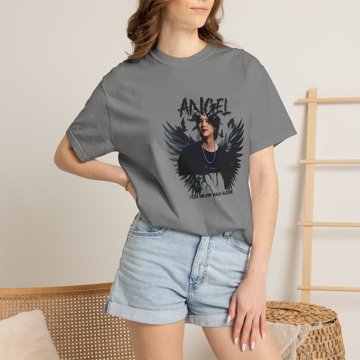 Angel Wings Graphic T-Shirt — 'Angel' Photo Tee with Dark Wing Illustration