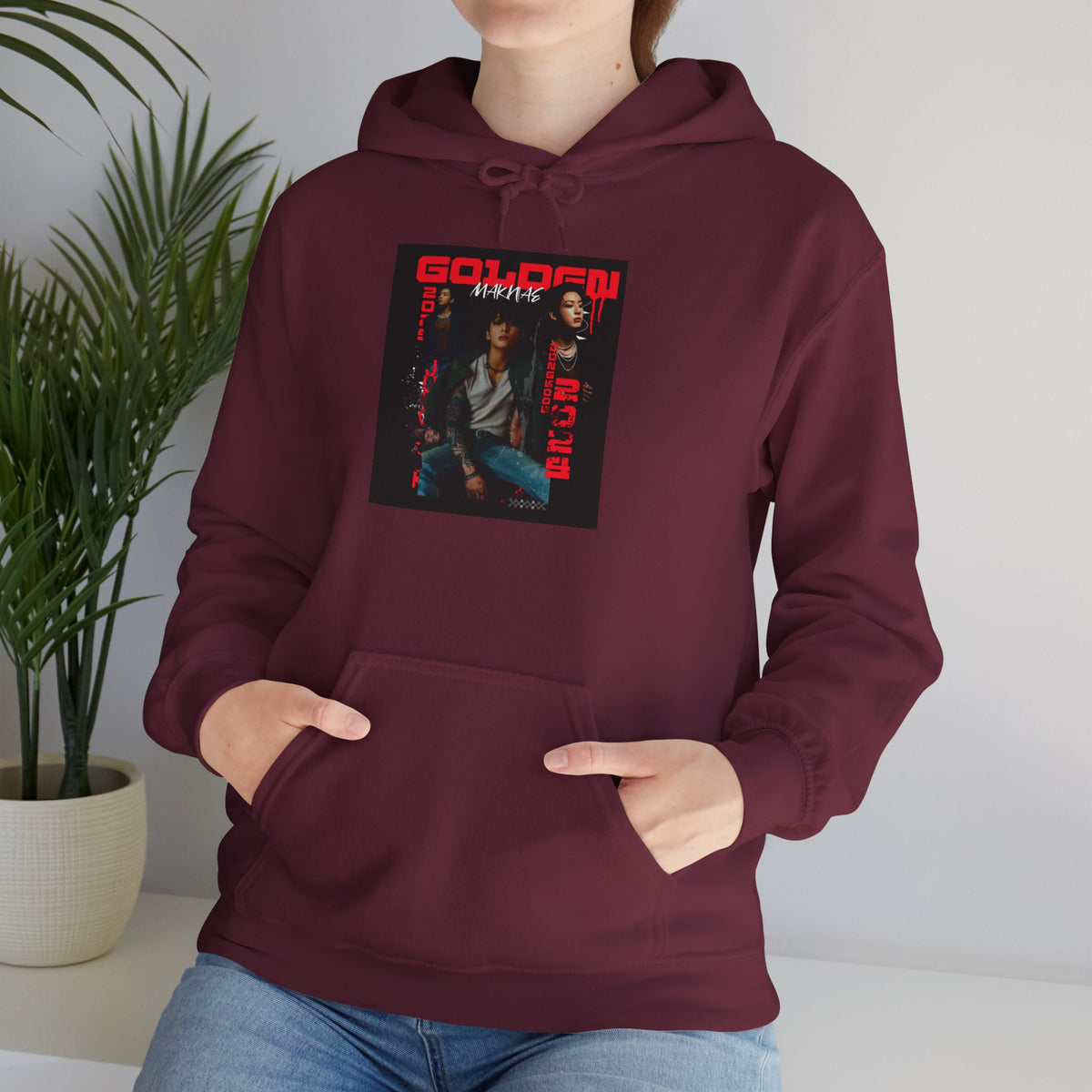 JK Hoodie - 'GOLDEN MAKNAE' Portrait Graphic Hoodie (Red Noir Band Art)