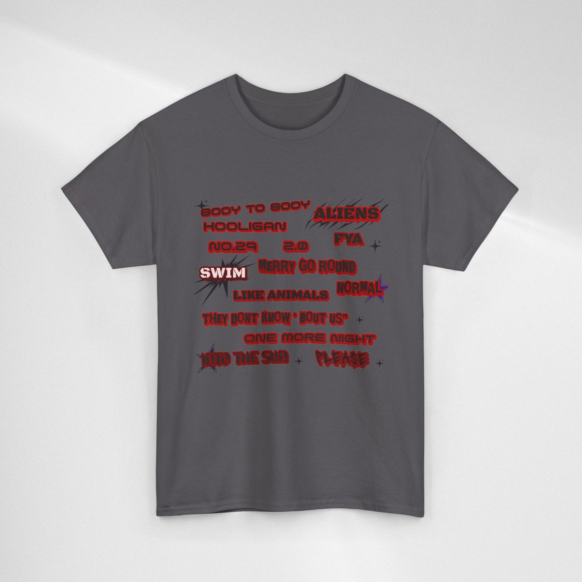 BTS ARIRANG Graphic Tee — Distorted Red Text Band Shirt