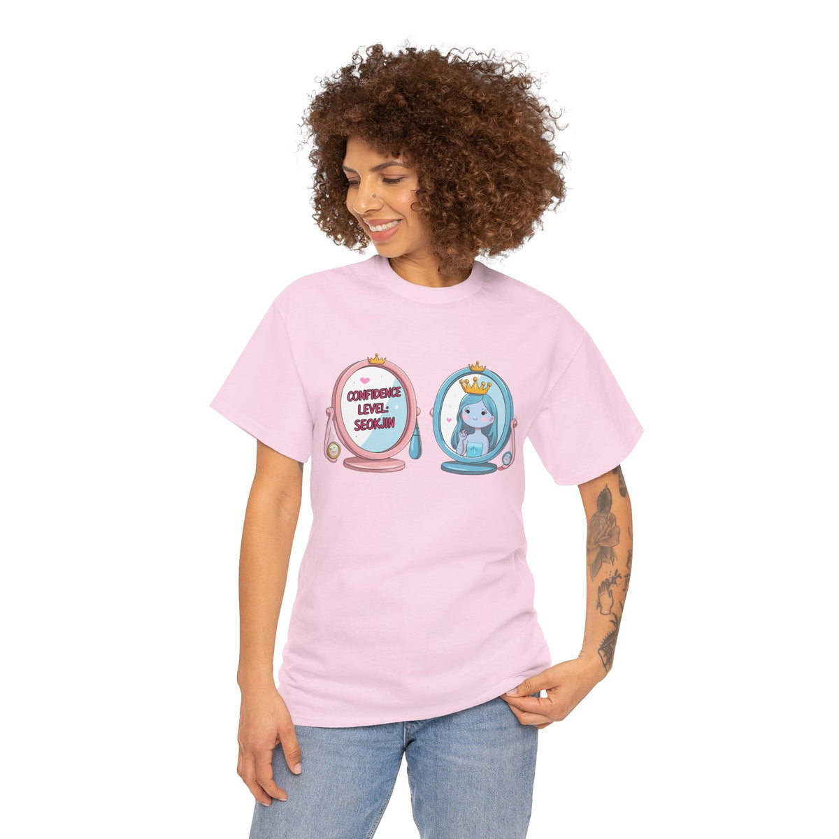 JIN Level Shirt — Cute Pink & Blue Mirrors Graphic Tee ("Comfort Level: Secure")