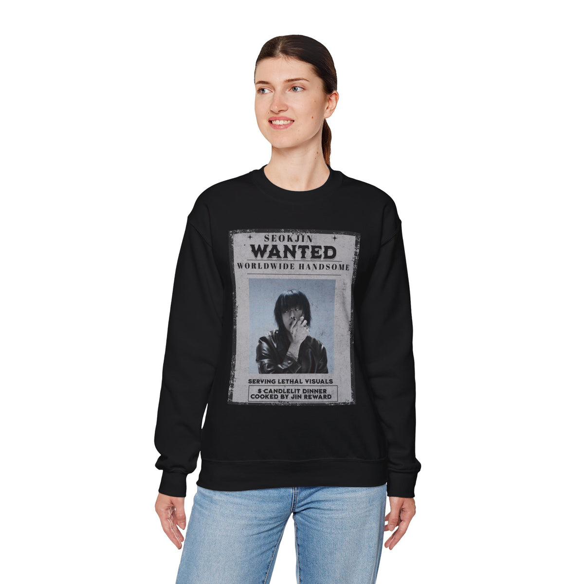 Crewneck Sweatshirt — 'Seojin Wanted: Worldwide Handsome' Vintage Poster Graphic
