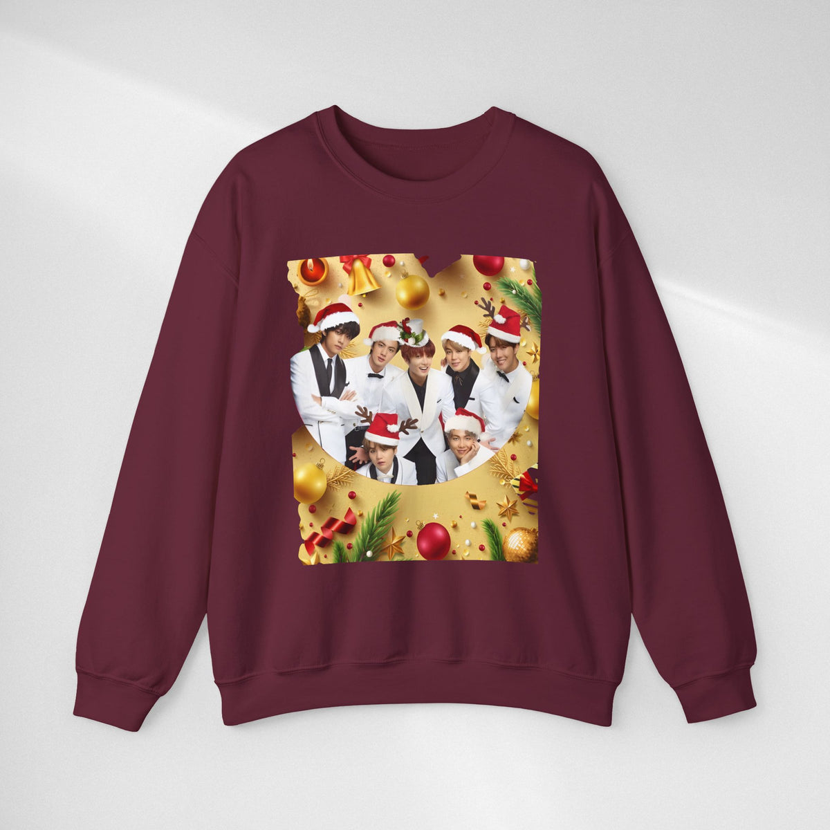 BTS Group Holiday Crewneck Sweatshirt — Festive Santa Hats Photo Design