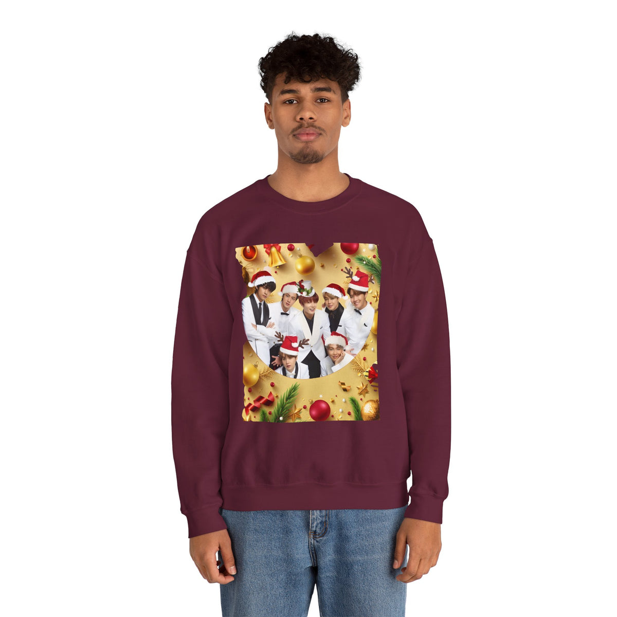 BTS Group Holiday Crewneck Sweatshirt — Festive Santa Hats Photo Design
