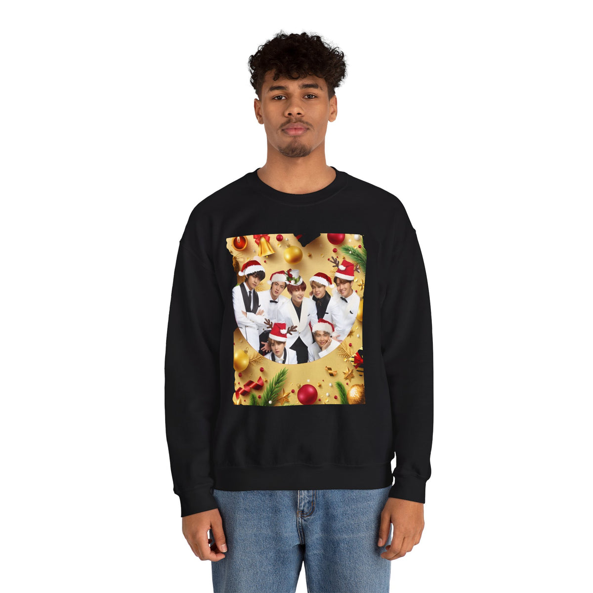 BTS Group Holiday Crewneck Sweatshirt — Festive Santa Hats Photo Design