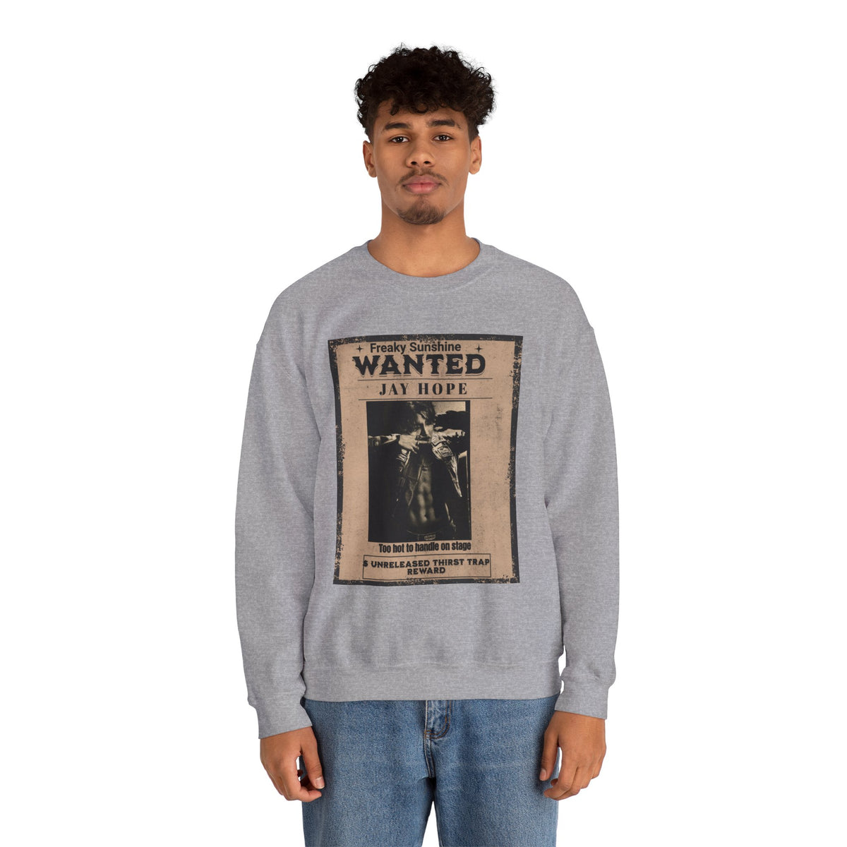 Wanted Poster Crewneck Sweatshirt – 'Freaky Sunshine: WANTED Jay Hope' Retro Graphic