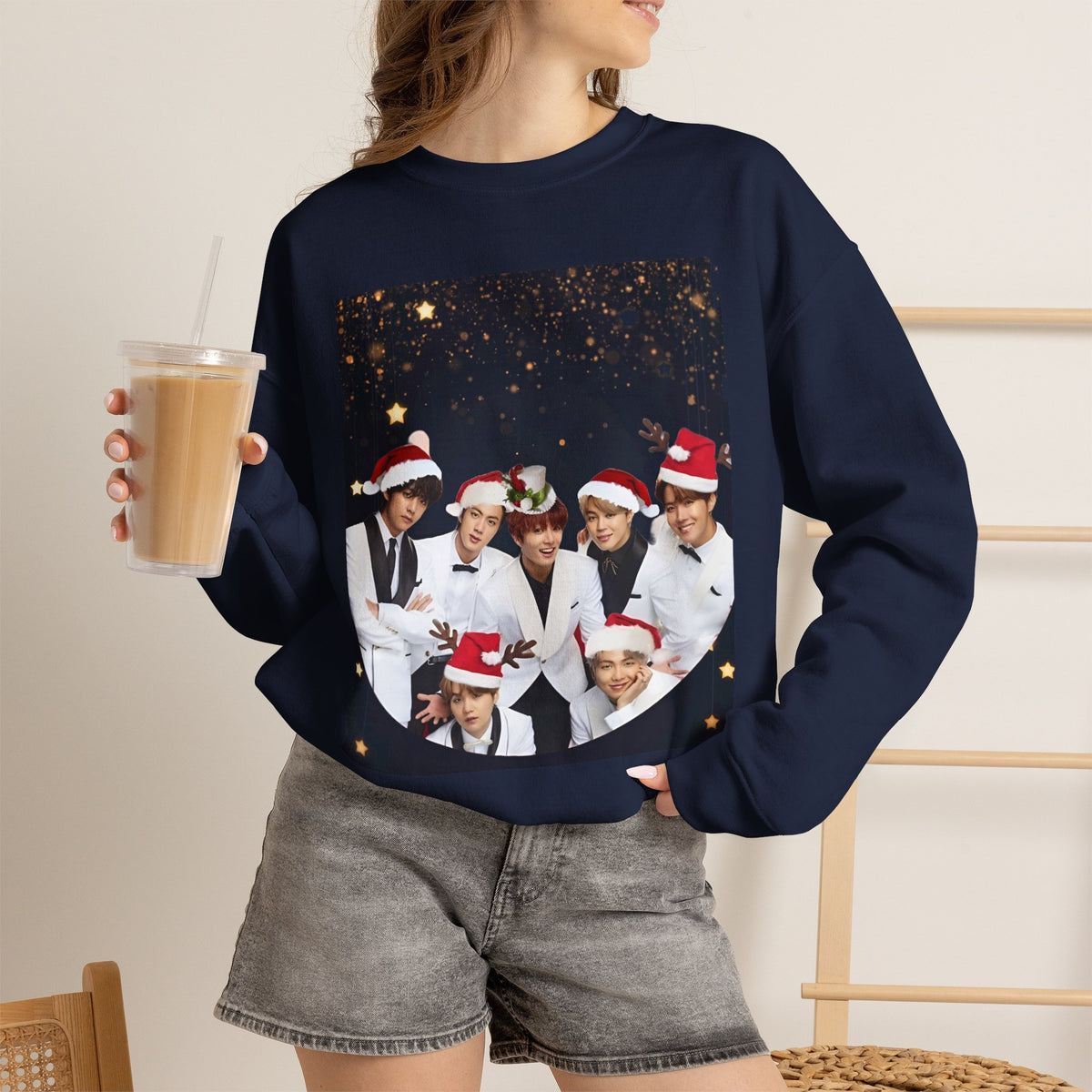 BTS Holiday Crewneck Sweatshirt — Festive Group Photo Design
