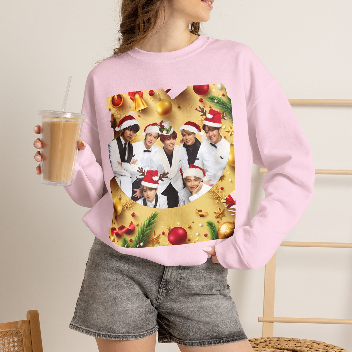 BTS Group Holiday Crewneck Sweatshirt — Festive Santa Hats Photo Design
