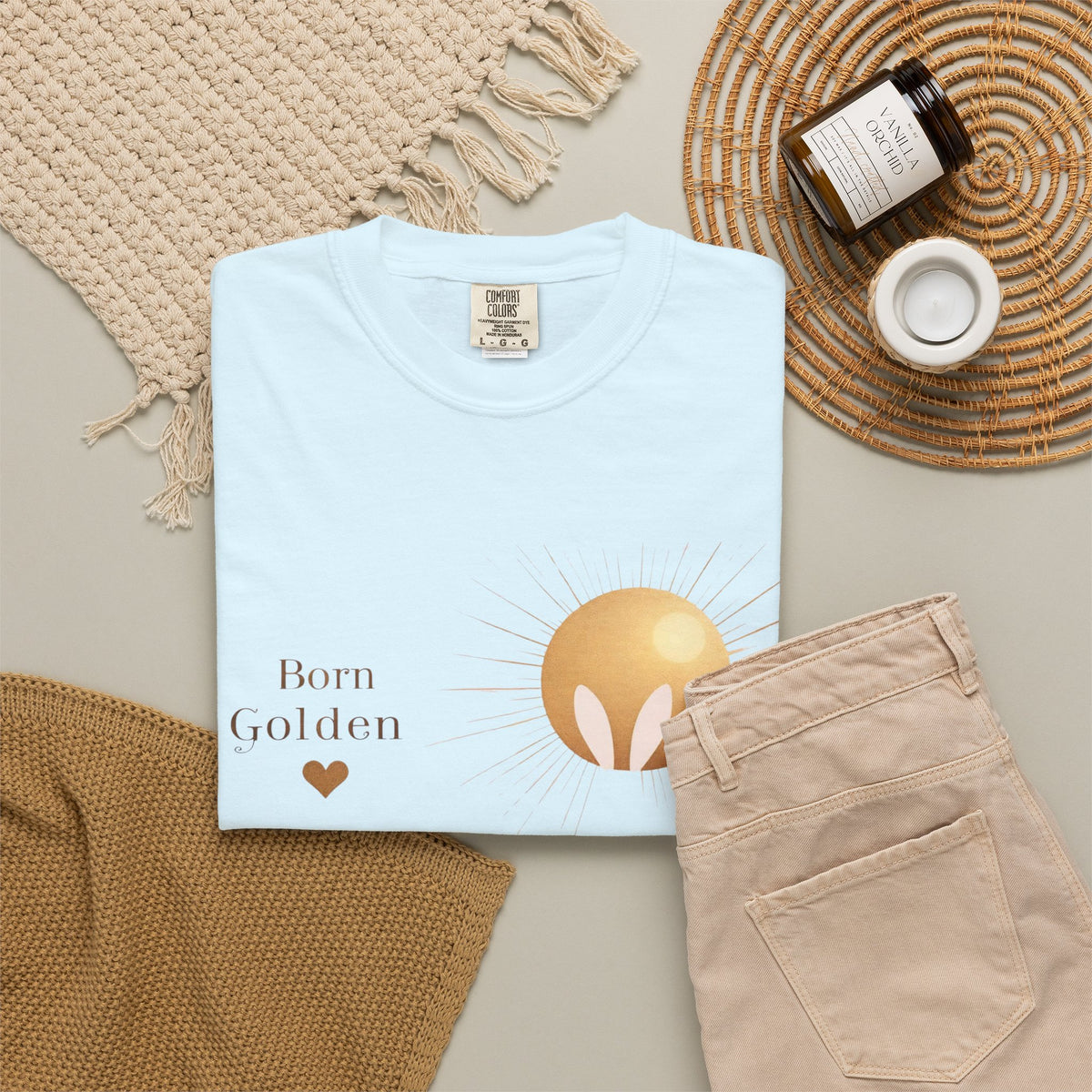 JK Born Golden Tee — Minimal Sun Badge Graphic T-Shirt