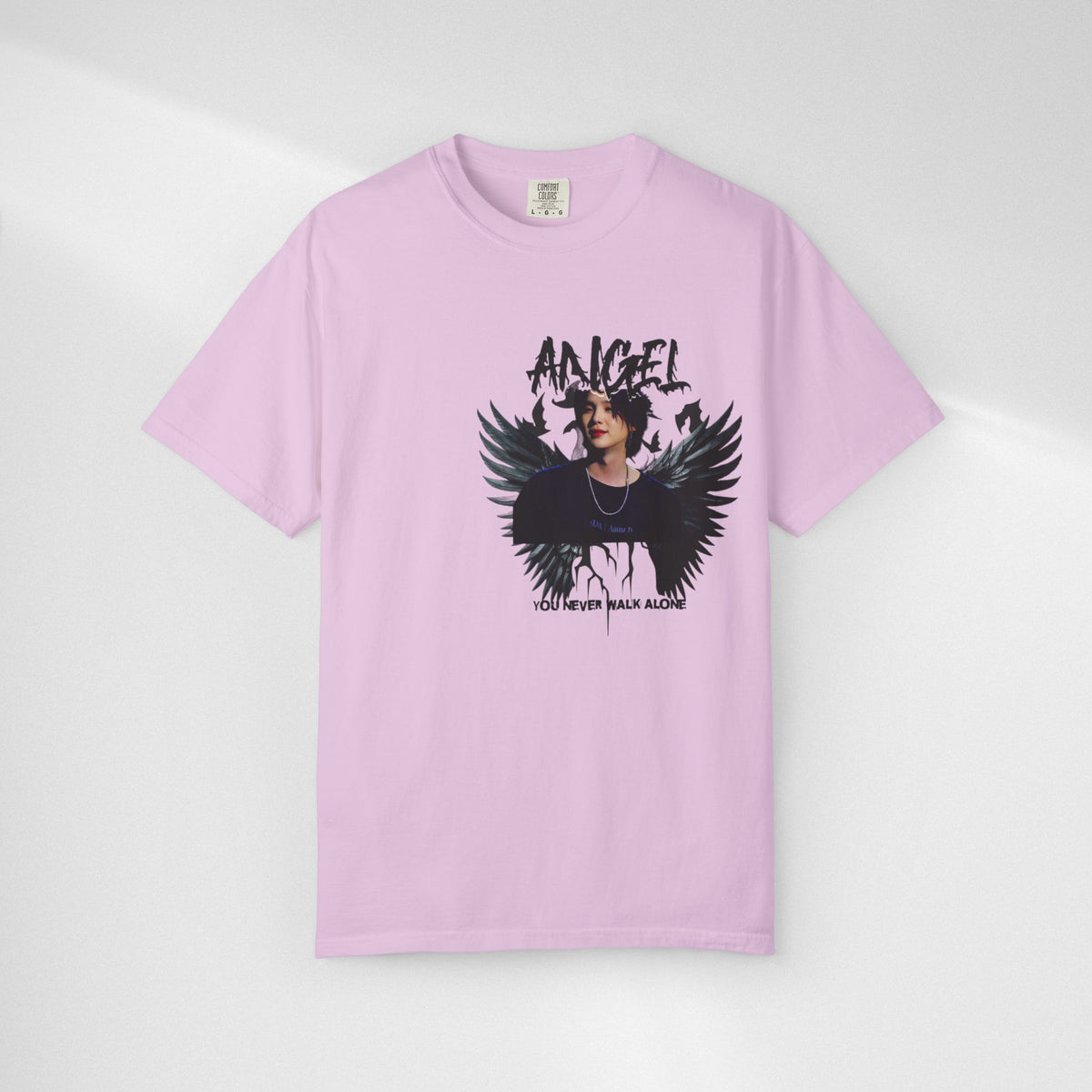 Angel Wings Graphic T-Shirt — 'Angel' Photo Tee with Dark Wing Illustration