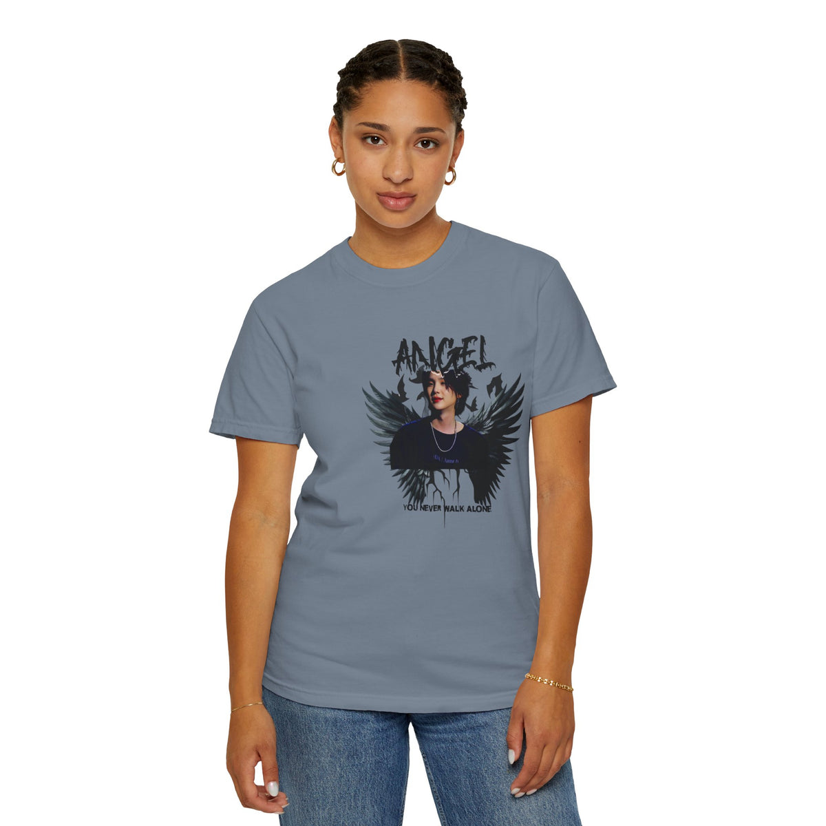 Angel Wings Graphic T-Shirt — 'Angel' Photo Tee with Dark Wing Illustration