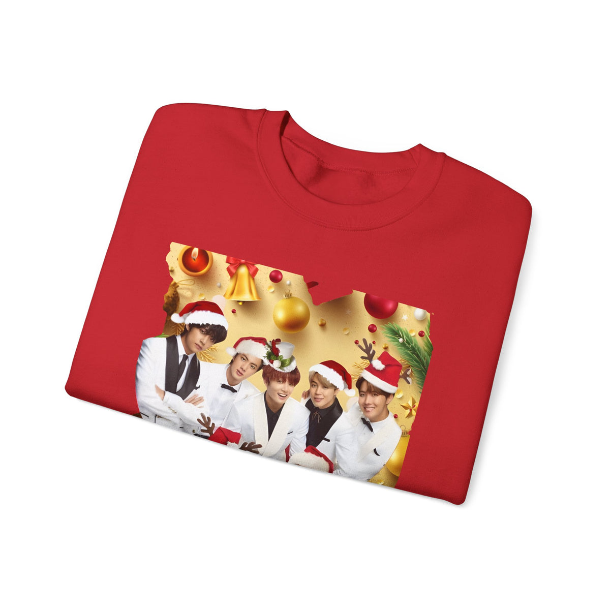BTS Group Holiday Crewneck Sweatshirt — Festive Santa Hats Photo Design