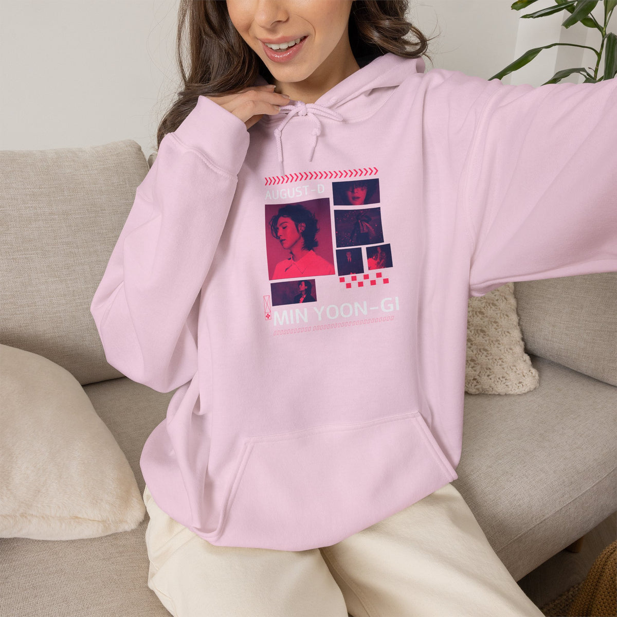 Suga Photo Collage Hoodie — Retro Pink Portraits Grid Design