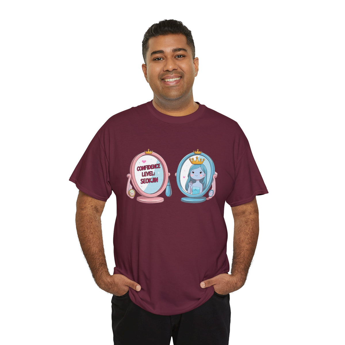 JIN Level Shirt — Cute Pink & Blue Mirrors Graphic Tee ("Comfort Level: Secure")