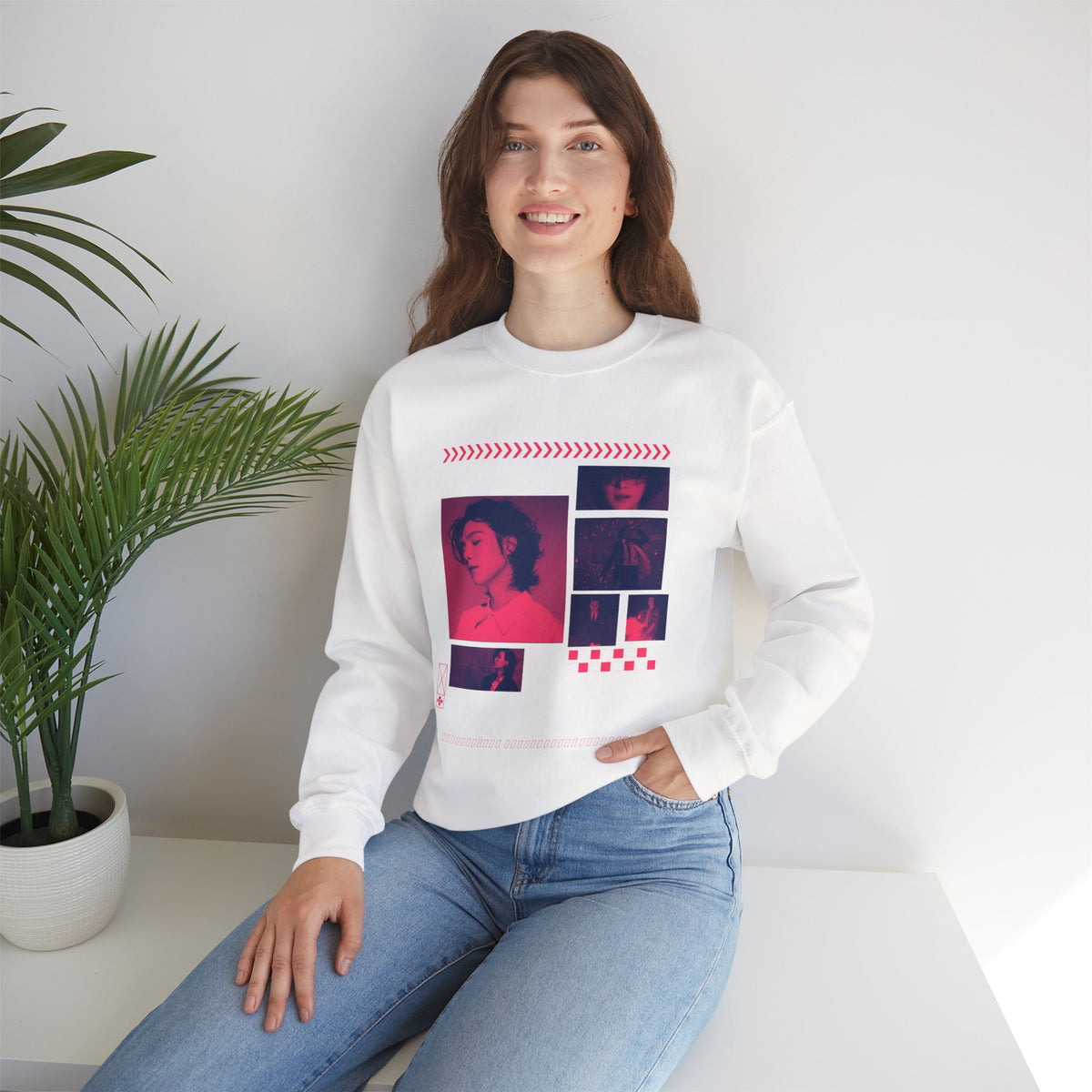 Suga Retro Photo Collage Sweatshirt — Pink Neon Portrait Crewneck