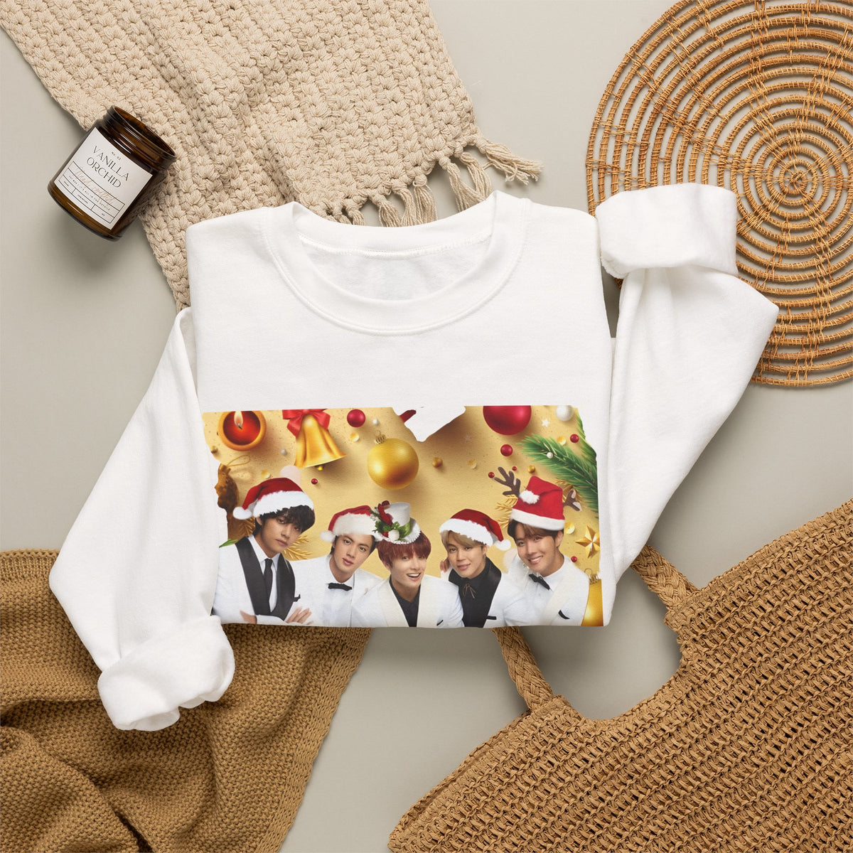 BTS Group Holiday Crewneck Sweatshirt — Festive Santa Hats Photo Design