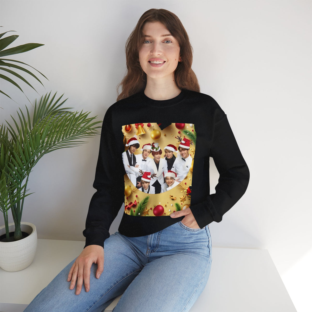 BTS Group Holiday Crewneck Sweatshirt — Festive Santa Hats Photo Design