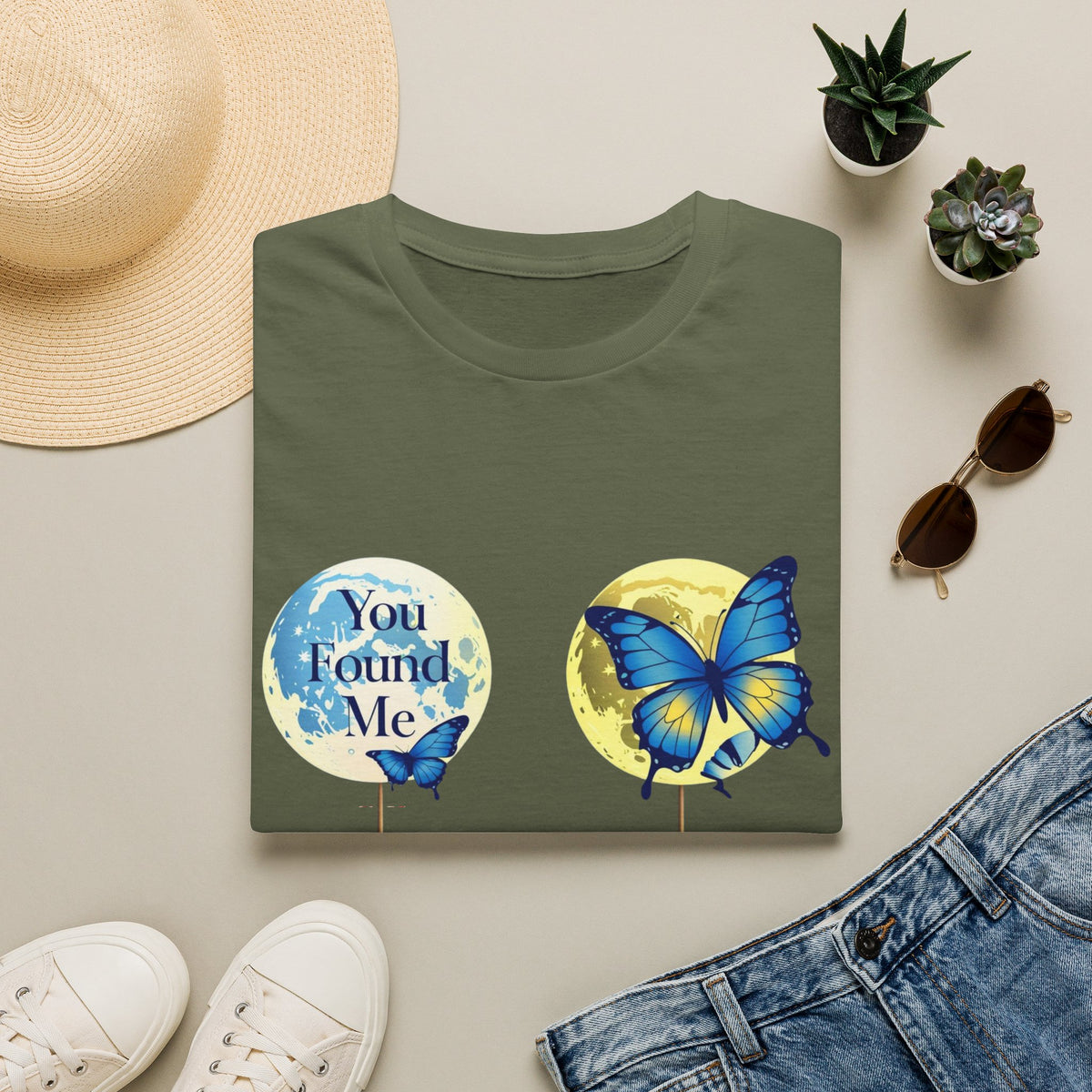 T-Shirt — 'You Found Me' Blue & Yellow Butterfly Graphic