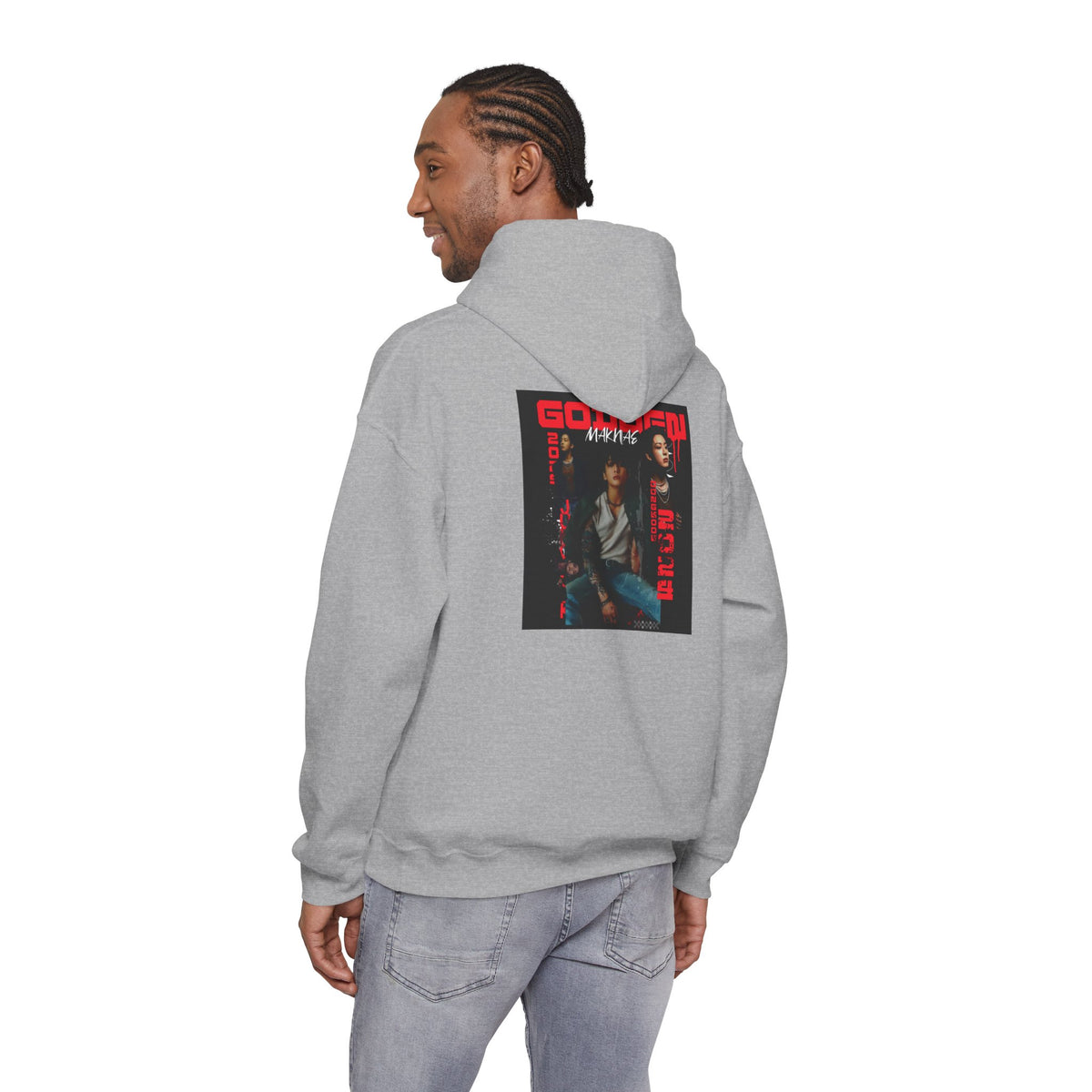 JK Hoodie - 'GOLDEN MAKNAE' Portrait Graphic Hoodie (Red Noir Band Art)