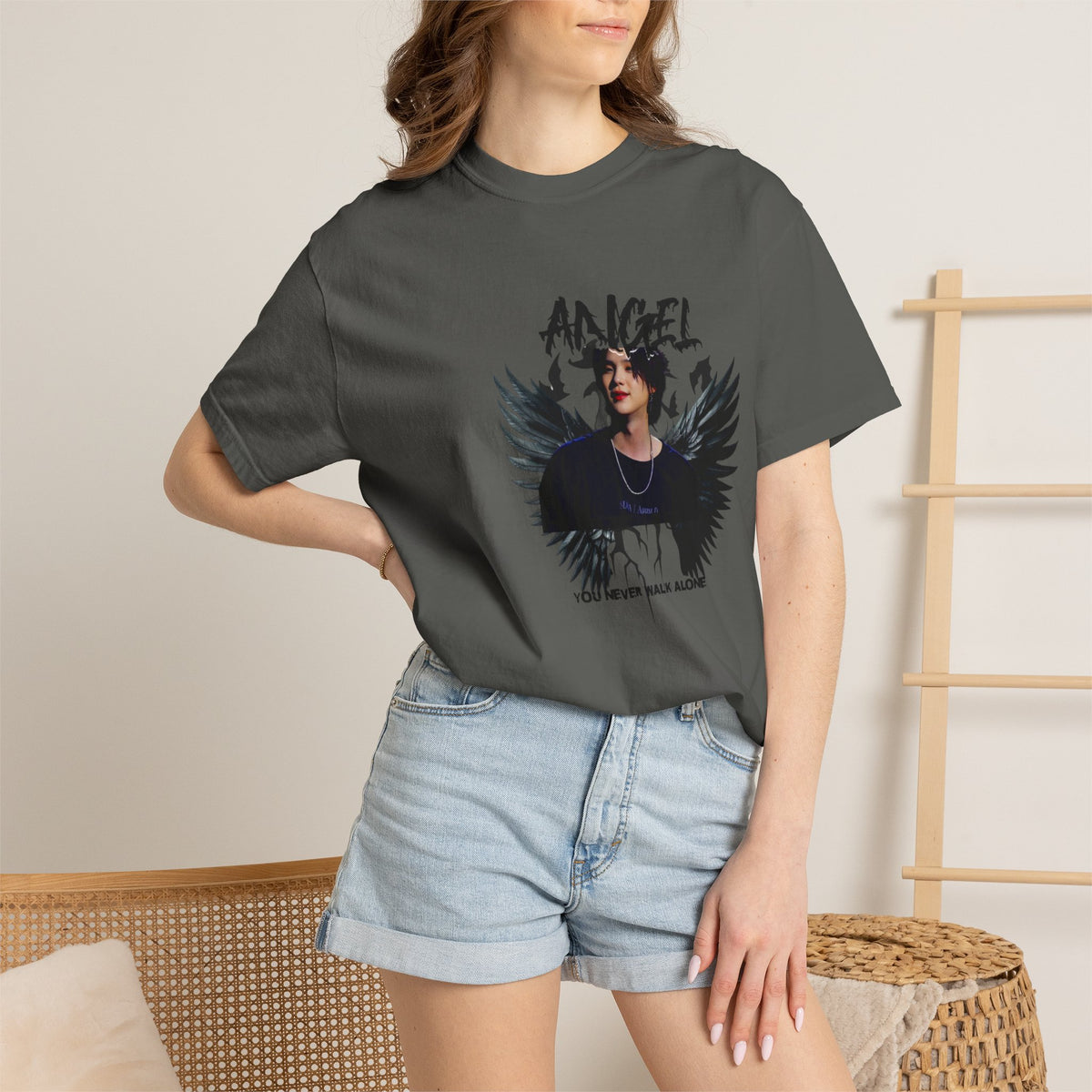 Angel Wings Graphic T-Shirt — 'Angel' Photo Tee with Dark Wing Illustration