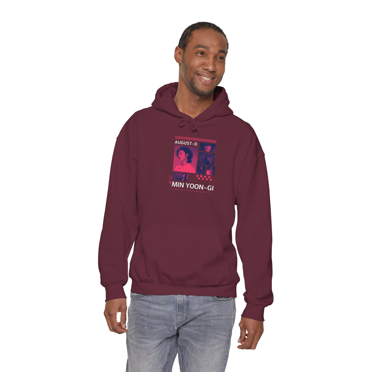 Suga Photo Collage Hoodie — Retro Pink Portraits Grid Design