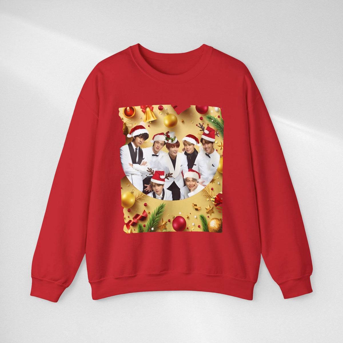 BTS Group Holiday Crewneck Sweatshirt — Festive Santa Hats Photo Design