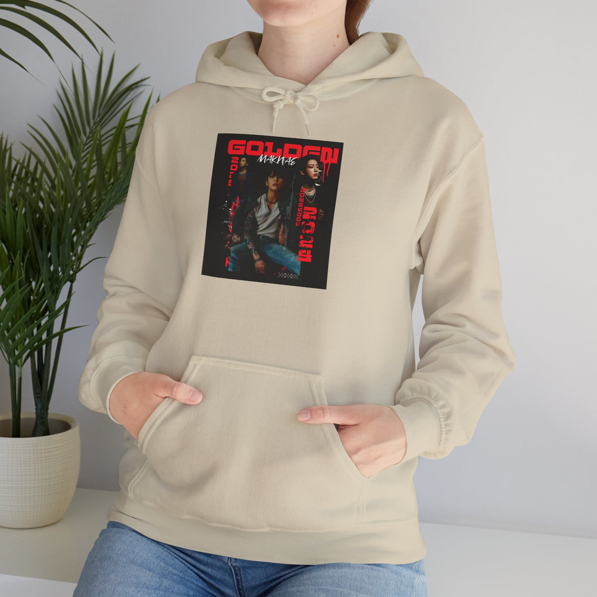 JK Hoodie - 'GOLDEN MAKNAE' Portrait Graphic Hoodie (Red Noir Band Art)