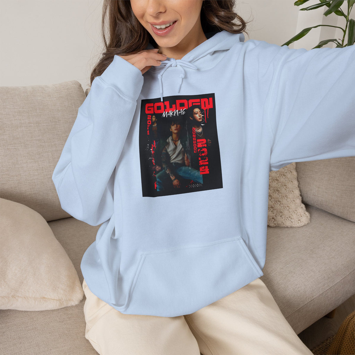 JK Hoodie - 'GOLDEN MAKNAE' Portrait Graphic Hoodie (Red Noir Band Art)