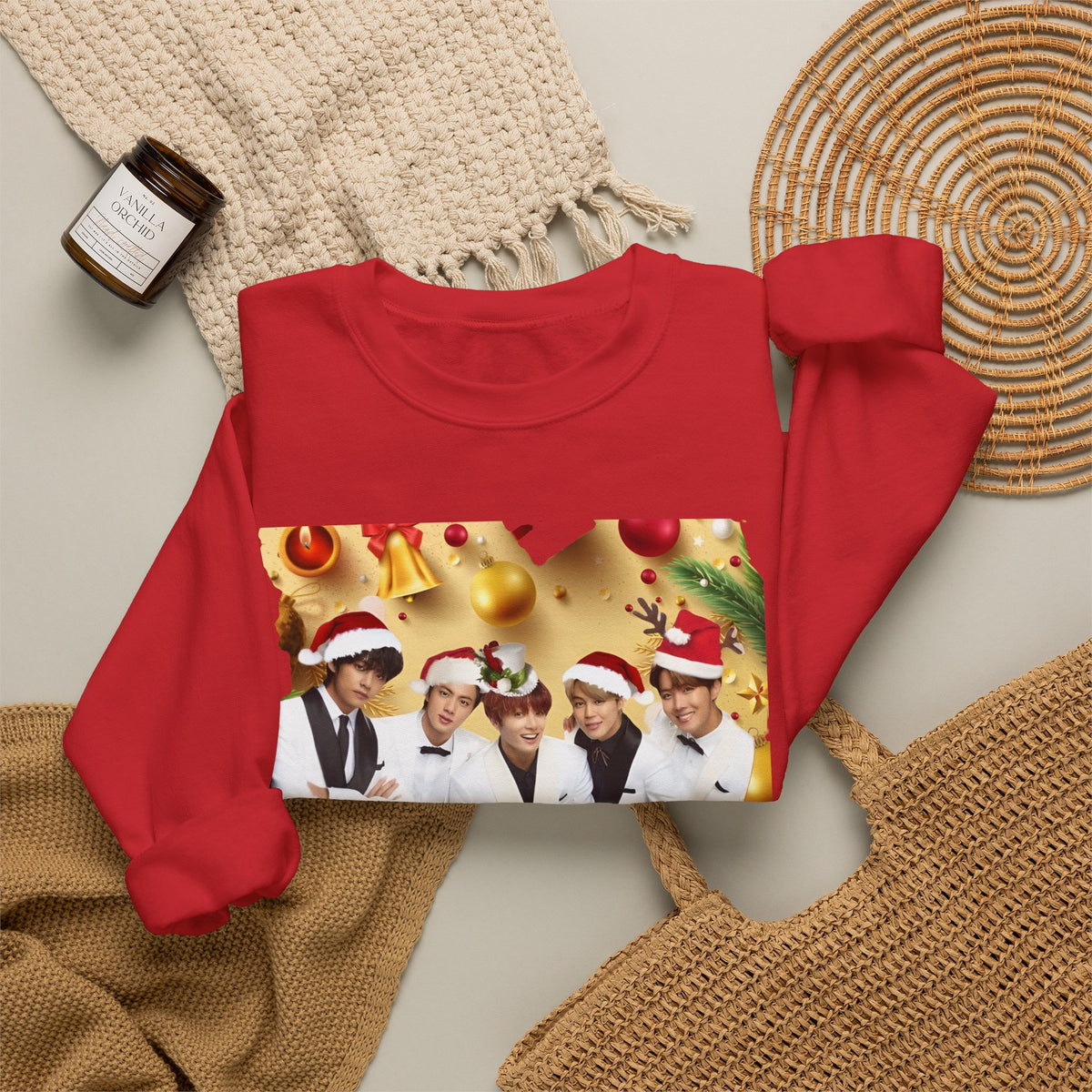 BTS Group Holiday Crewneck Sweatshirt — Festive Santa Hats Photo Design