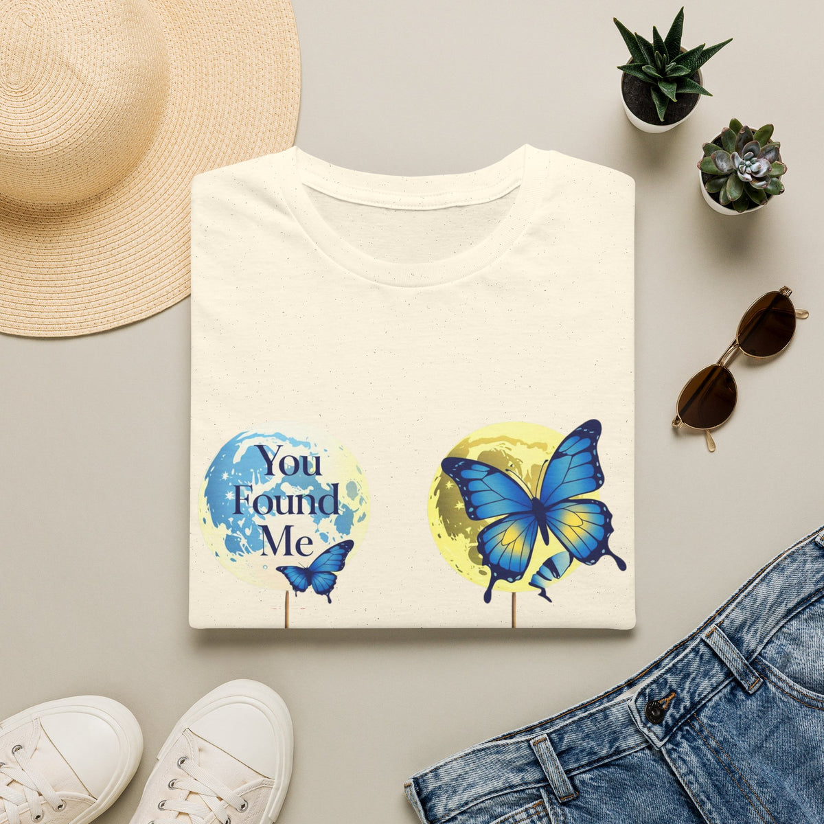T-Shirt — 'You Found Me' Blue & Yellow Butterfly Graphic