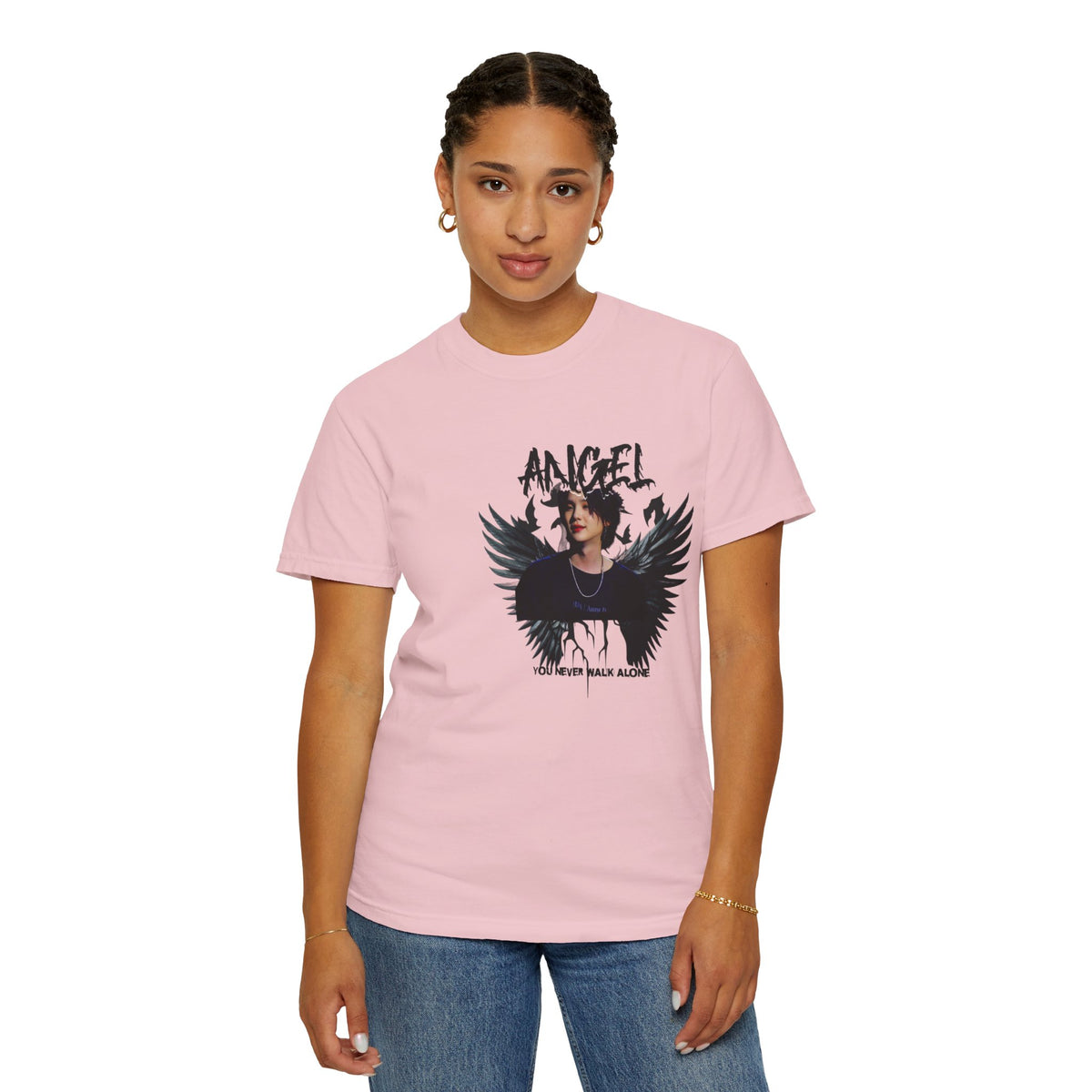 Angel Wings Graphic T-Shirt — 'Angel' Photo Tee with Dark Wing Illustration
