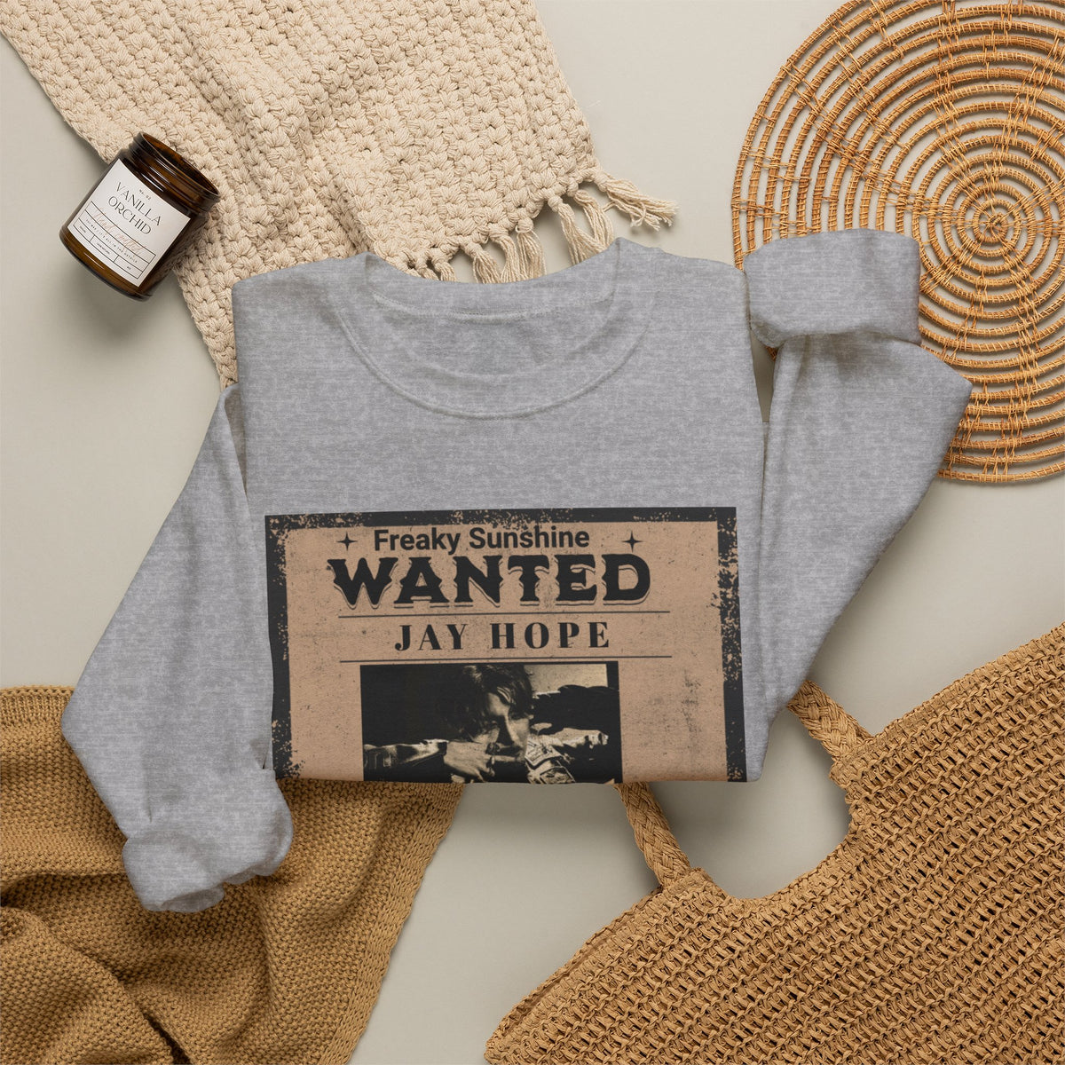 Wanted Poster Crewneck Sweatshirt – 'Freaky Sunshine: WANTED Jay Hope' Retro Graphic