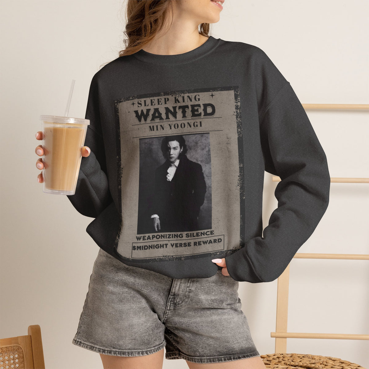 Suga Wanted Poster Crewneck Sweatshirt – Vintage 'Sleep King' Graphic
