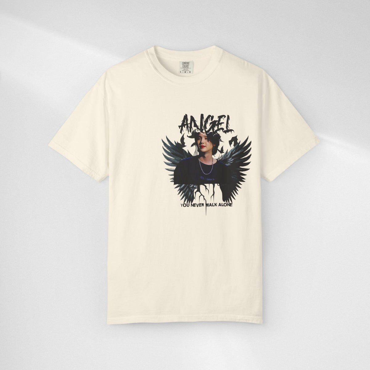 Angel Wings Graphic T-Shirt — 'Angel' Photo Tee with Dark Wing Illustration
