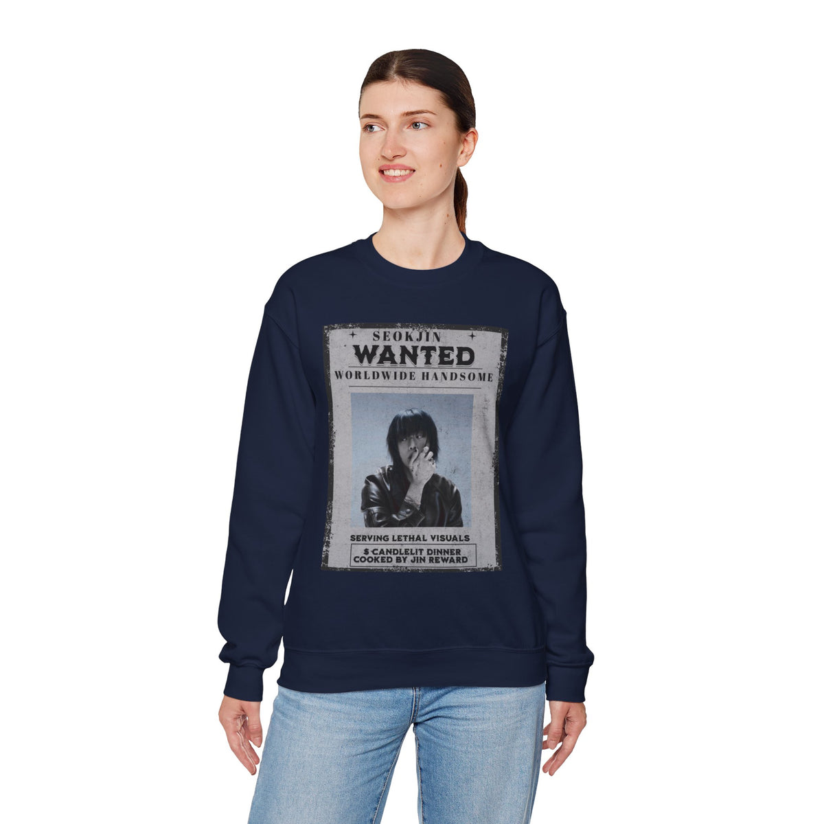 Crewneck Sweatshirt — 'Seojin Wanted: Worldwide Handsome' Vintage Poster Graphic