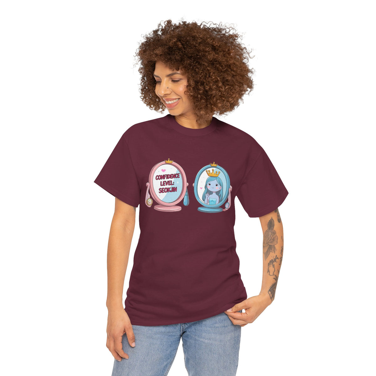 JIN Level Shirt — Cute Pink & Blue Mirrors Graphic Tee ("Comfort Level: Secure")